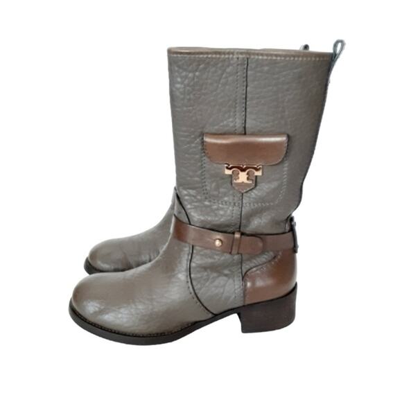 Tory Burch Leona Riding Boots Gray Pebble Leather Mid Calf Womens 5.5 Authentic - Picture 3 of 16